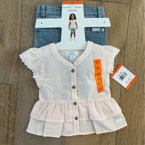 NWT Koala Kids Toddler Girl 2T Short Set Pink Seersucker Lace Summer Jean